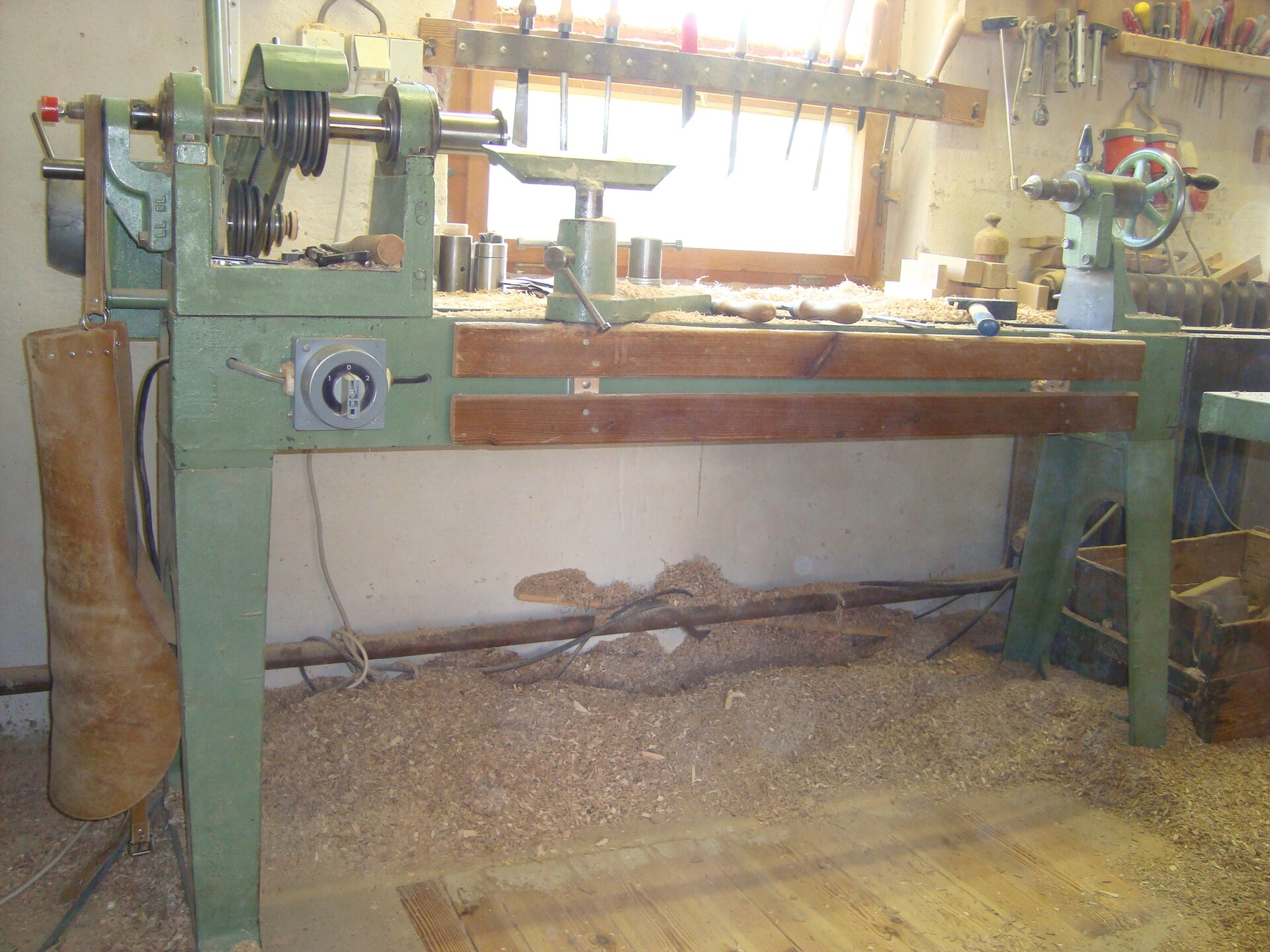 A wood lathe set up for turning