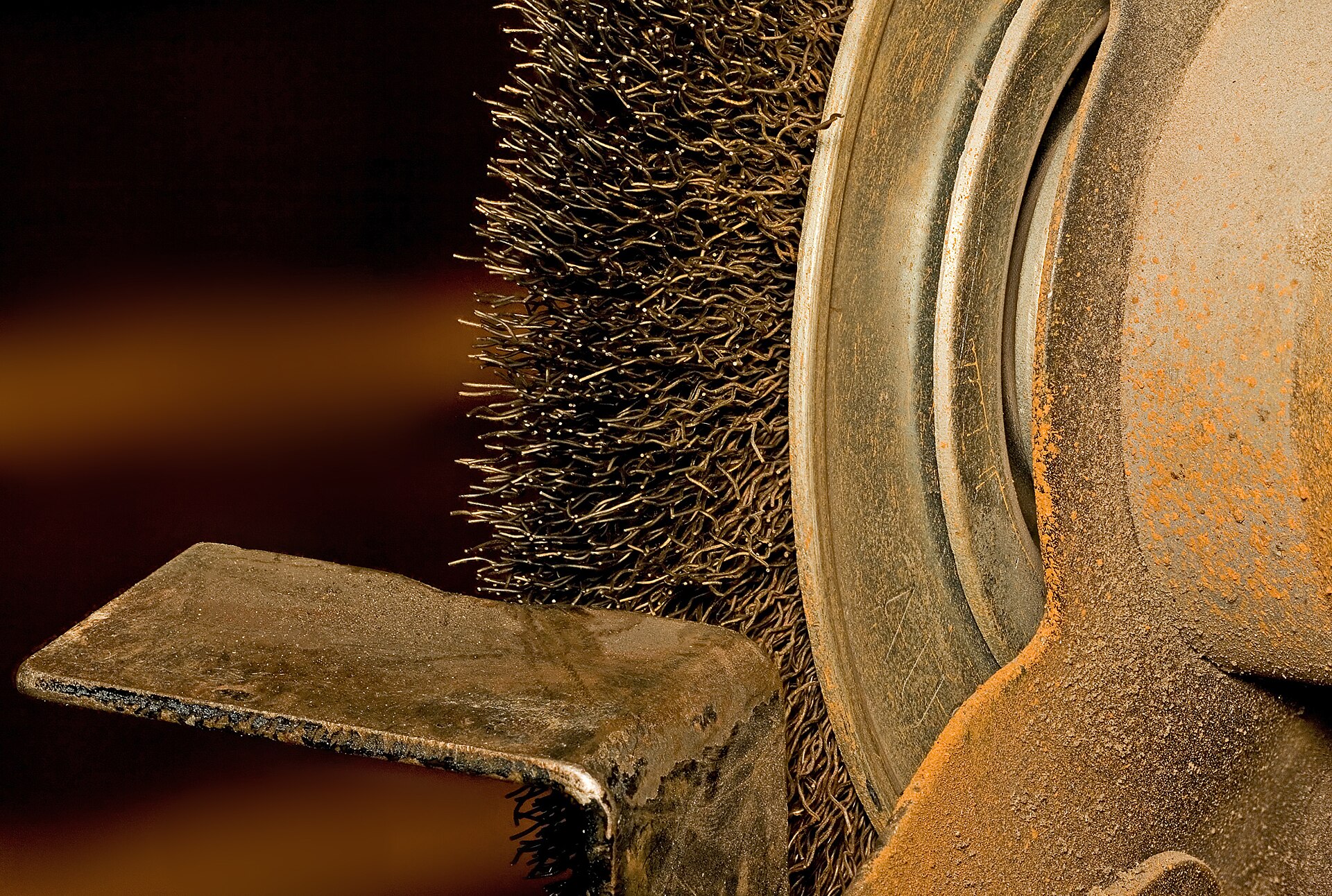 A bench grinder wheel seen up close